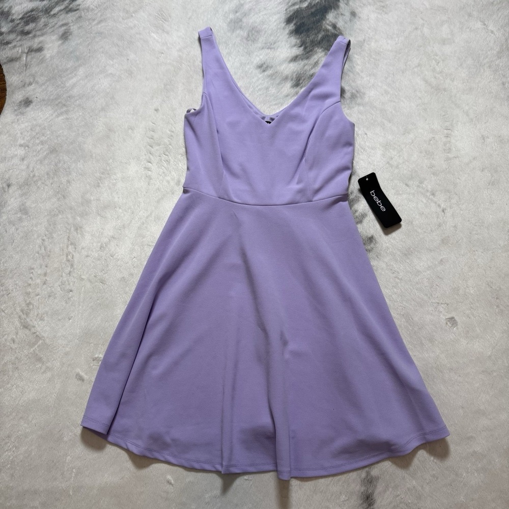 Bebe Dress Womens Size S Purple V-Neck Skater Fit N Flare Silhouette Stretchy